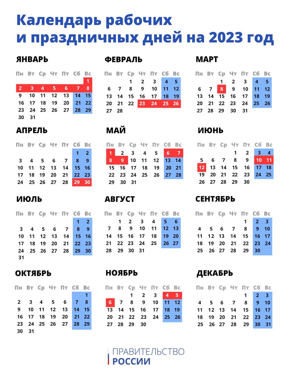 Правительство России утвердило календарь праздничных дней на 2023 год